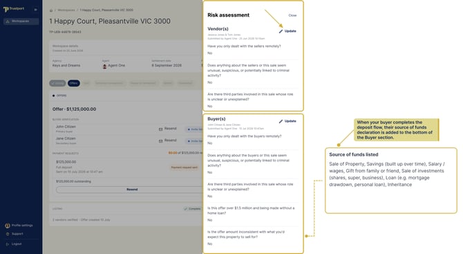 Workspace with offer risk assessment view + Source of funds callout